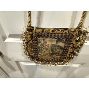 Patchwork Designs Cat Tapestry Purse Fringe Shoulder Bag Vintage Style